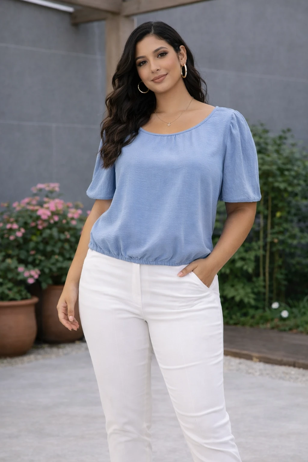 Blusa com Manga Bufante e Barra Ajustada