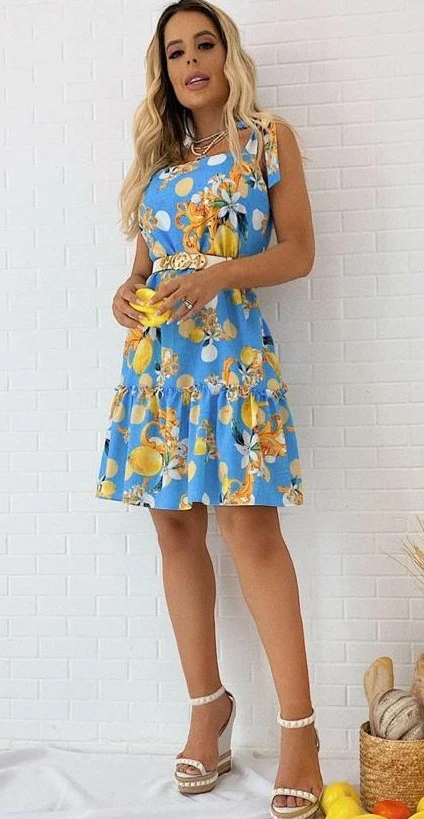 Vestido Azul Estampado com Babado