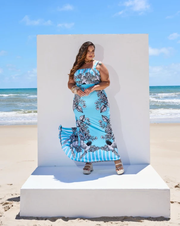 Vestido Longo Estampado com Alças