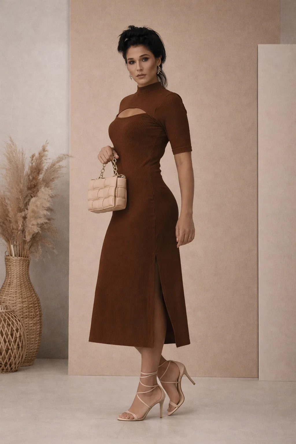 Vestido Midi Canelado com Recorte e Fenda