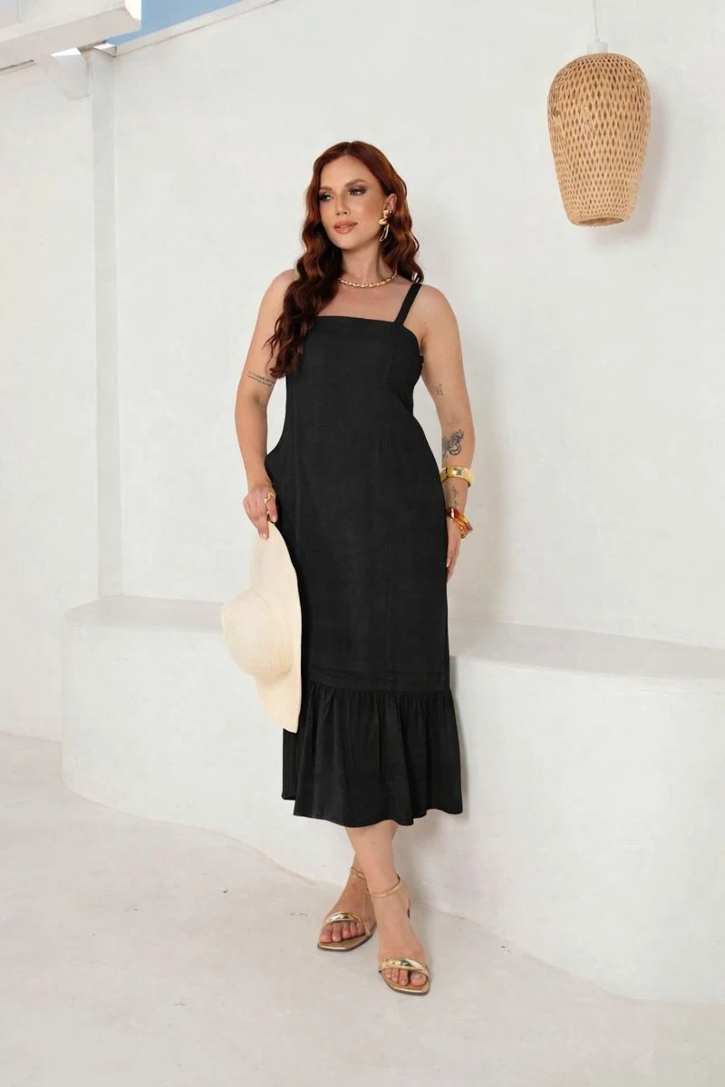 Vestido Midi com Alças e Babado